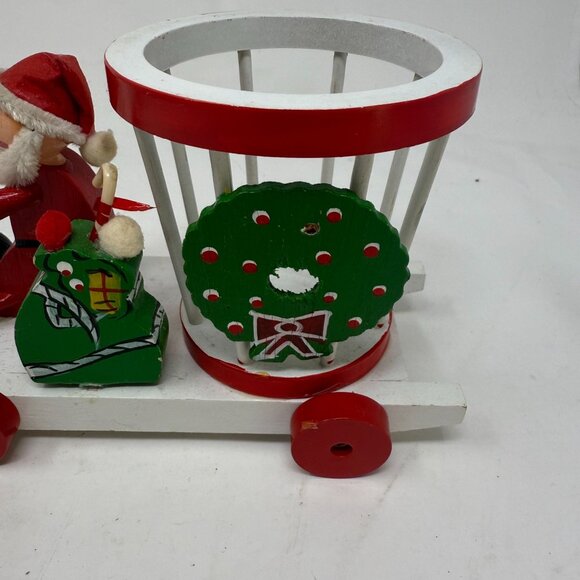 Vintage Wooden Santa Sleigh Reindeer Figurine Red White Holiday Christmas Kitsch - Picture 8 of 9